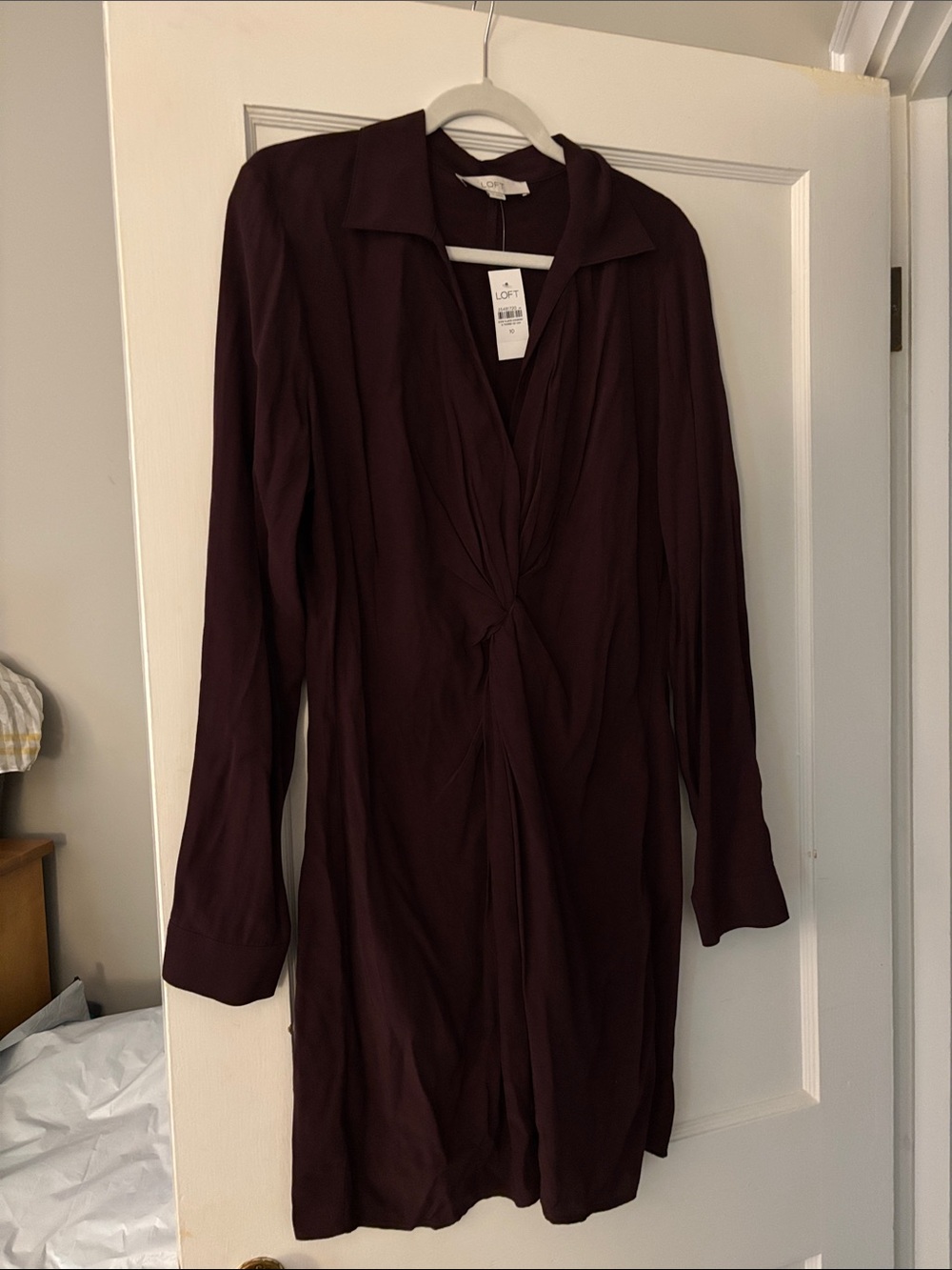 LOFT Deep Plum Twist-Front Long Sleeve Dress